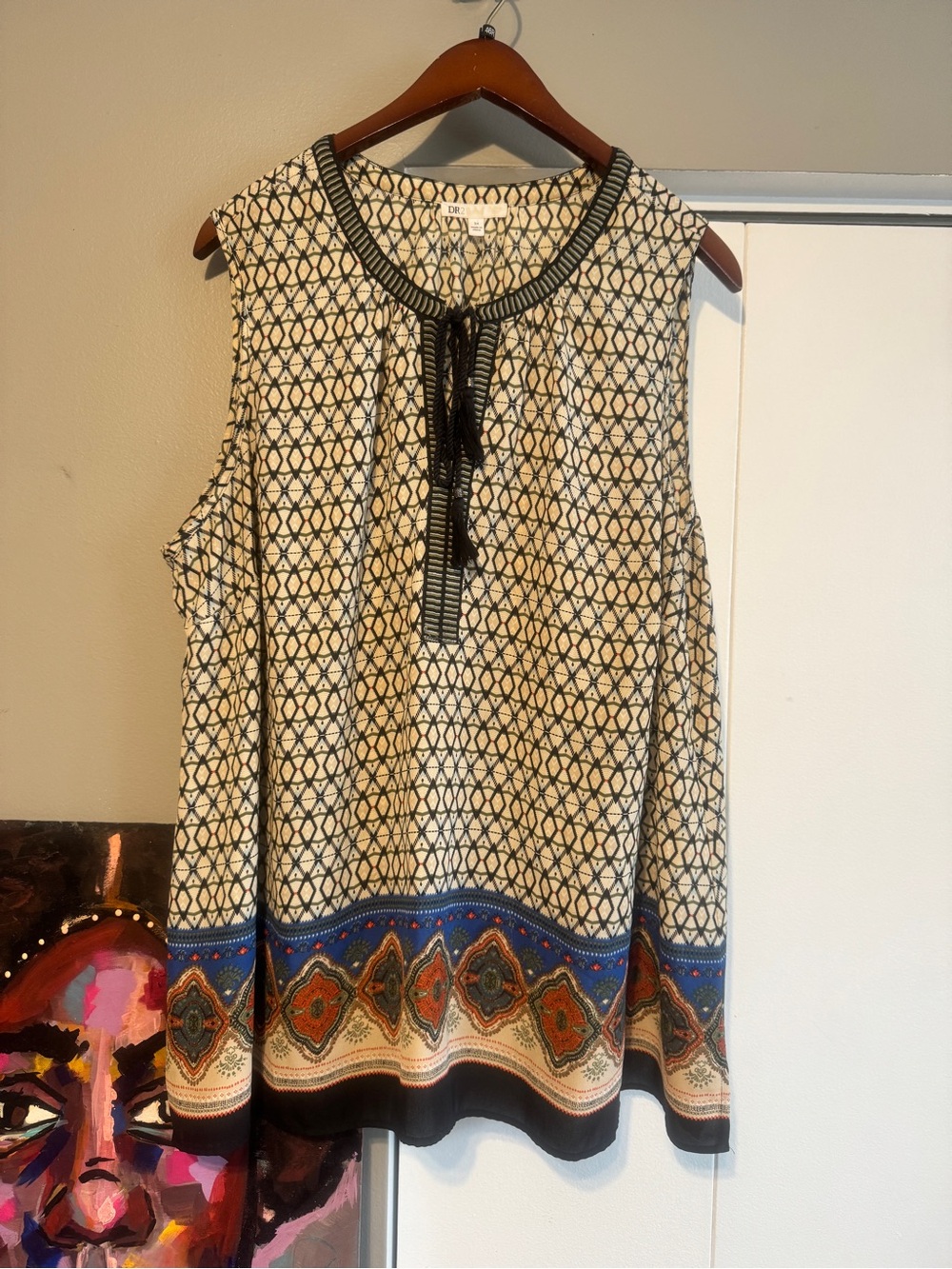 DR2 Plus Size 3X Boho Geometric Tassel Sleeveless Tunic Top